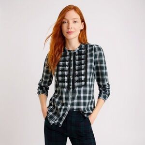 J.Crew Plaid Embroidered Bib Blouse – Size Tall Small Embellished Long Sleeve
